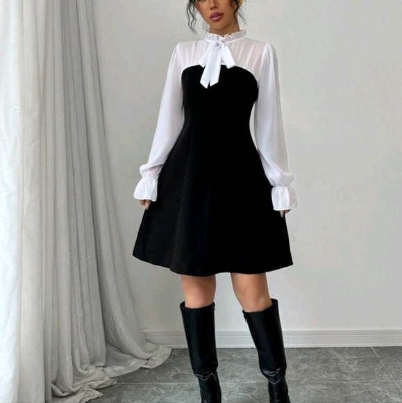 Fashion Slimming Waist A-Line Umbrella Black And White Dress, Elegant Patchwork - Picture 3 of 4